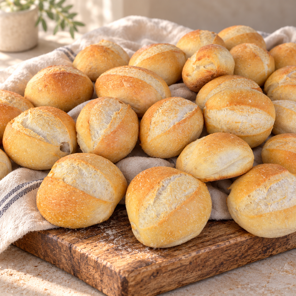 Anna’s golden bakery rolls arranged on a wooden board with a linen tea towel